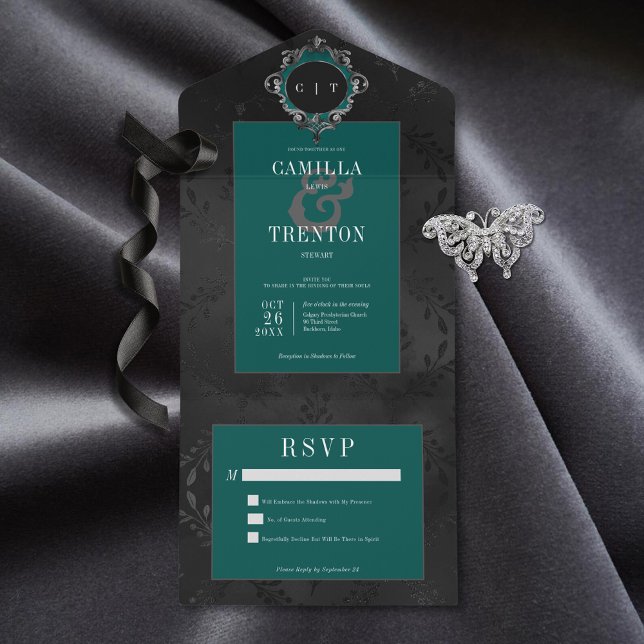 Mörk Gotham Black & Teal Blommigt Satin No Middag (Also available with a QR code or with dinner selection options.)