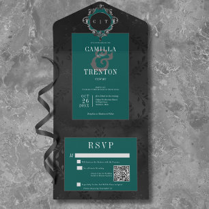 Mörk Gotham Black & Teal Blommigt Satin QR-kod