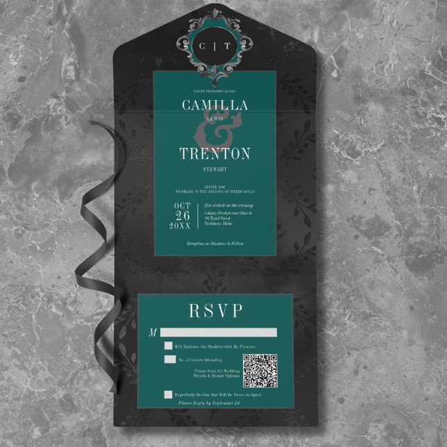 Mörk Gotham Black & Teal Blommigt Satin QR-kod (Dark Gothic Black & Teal Floral Satin QR Code All In One Invitation)
