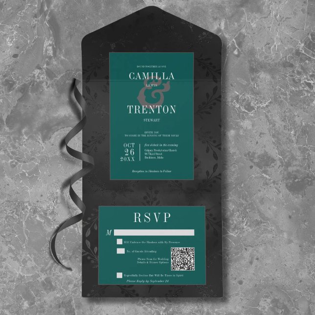 Mörk Gotham Black & Teal Blommigt Satin QR-kod (Skapare uppladdad)