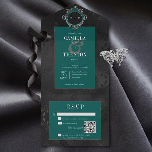 Mörk Gotham Black & Teal Blommigt Satin QR-kod