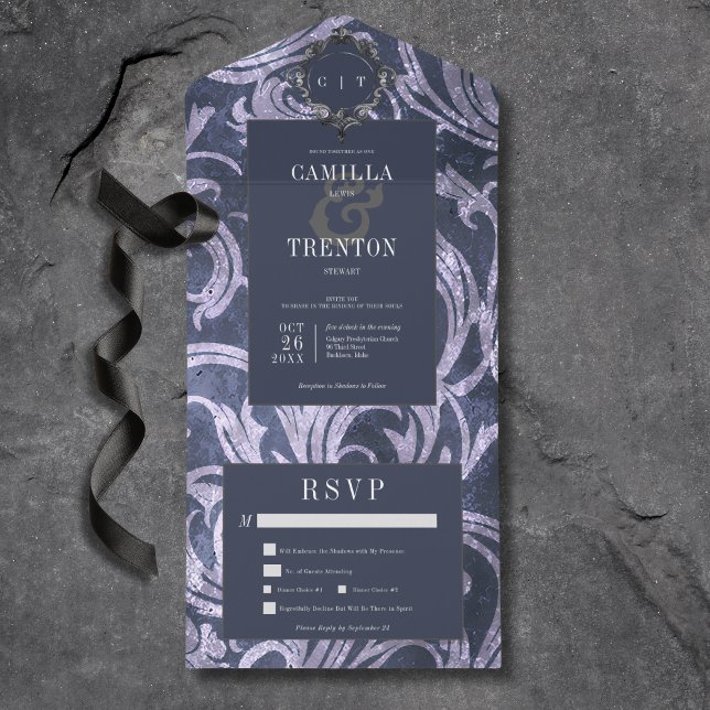 Mörk Gothic Antique Lila Damask Middag (Also available with a QR code or without dinner selection options.)