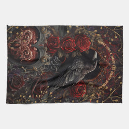 Mörk Gothic Beauty Röd ros Black Kråka Raven Bird Kökshandduk