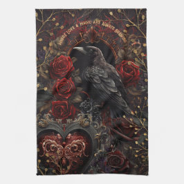 Mörk Gothic Beauty Röd ros Black Kråka Raven Bird Kökshandduk