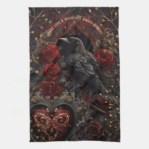 Mörk Gothic Beauty Röd ros Black Kråka Raven Bird Kökshandduk