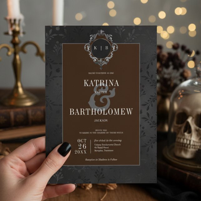 Mörk Gothic Black Blommigt Satin Damask Brown Inbjudningar (Skapare uppladdad)