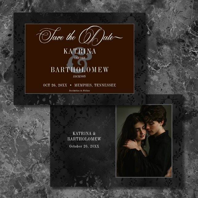 Mörk Gothic Black Blommigt Satin Damask Brown Phot Spara Datumet (Dark Gothic Black Floral Satin Damask Brown Photo Save The Date)