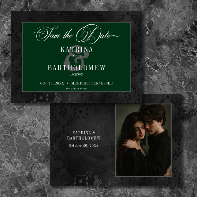 Mörk Gothic Black Blommigt Satin Damask Grönt Phot Spara Datumet (Dark Gothic Black Floral Satin Damask Green Photo Save The Date)
