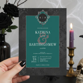 Mörk Gothic Black Blommigt Satin Damask Teal Bröll Inbjudningar