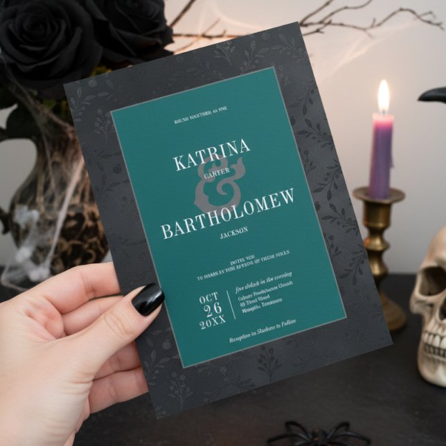 Mörk Gothic Black Blommigt Satin Damask Teal Bröll Inbjudningar (Skapare uppladdad)