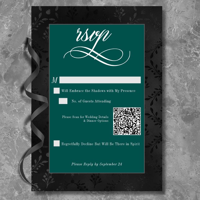Mörk Gothic Black Blommigt Satin Damask Teal Bröll OSA Kort (Dark Gothic Black Floral Satin Damask Teal Wedding RSVP Card)