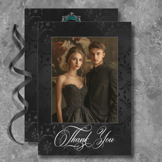 Mörk Gothic Black Blommigt Satin Damask Teal Bröll Tack Kort (Dark Gothic Black Floral Satin Damask Teal Wedding Thank You Card)