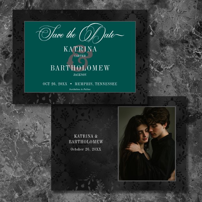 Mörk Gothic Black Blommigt Satin Damask Teal Photo Spara Datumet (Skapare uppladdad)