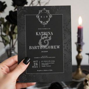 Mörk Gothic Black Blommigt Satin Damask Wedding Inbjudningar