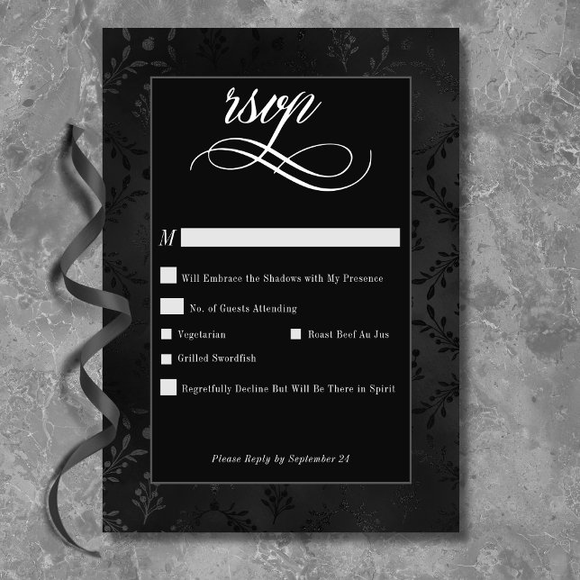 Mörk Gothic Black Blommigt Satin Damask Wedding OSA Kort (Dark Gothic Black Floral Satin Damask Wedding RSVP Card)