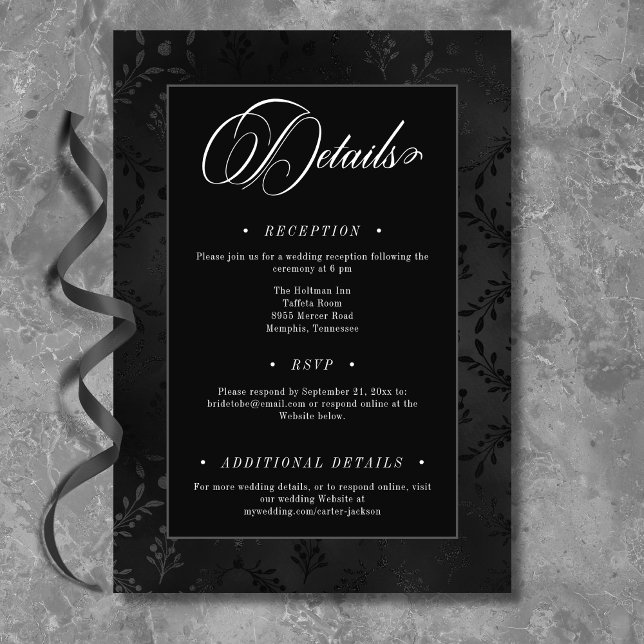 Mörk Gothic Black Blommigt Satin Damask Wedding Tilläggskort (Skapare uppladdad)