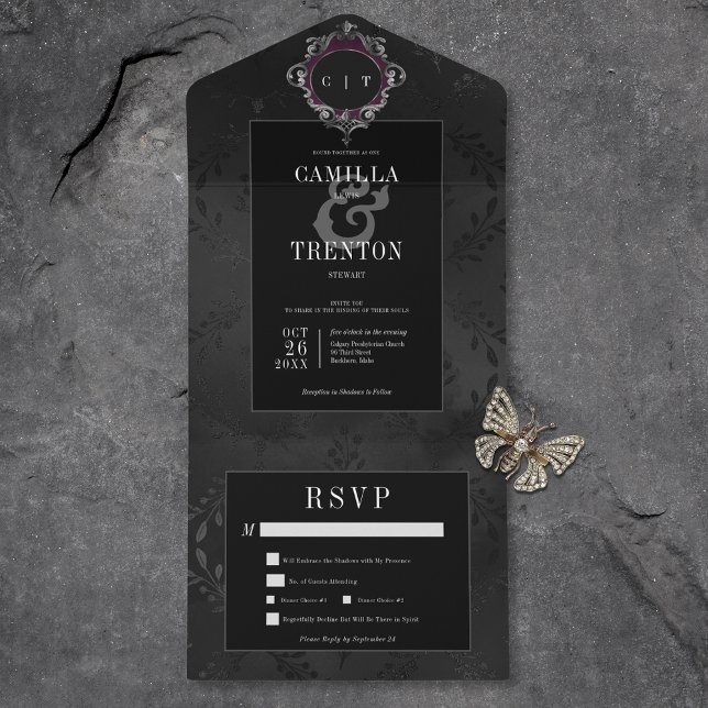 Mörk Gothic Black Blommigt Satin Middag (Also available with a QR code or without dinner selection options.)