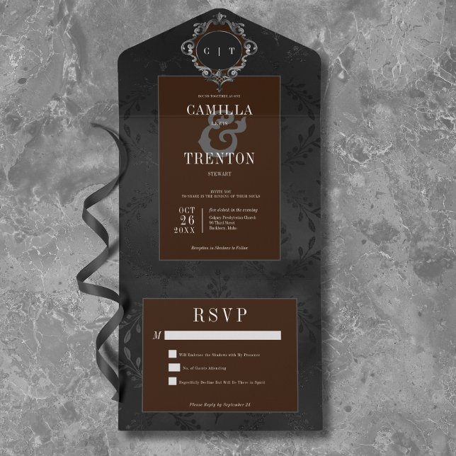 Mörk Gothic Black & Brown Blommigt Satin - ingen m (Dark Gothic Black & Brown Floral Satin No Dinner All In One Invitation)