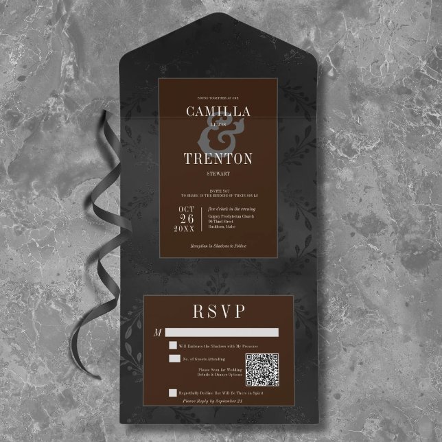 Mörk Gothic Black & Brown Blommigt Satin QR-kod (Skapare uppladdad)