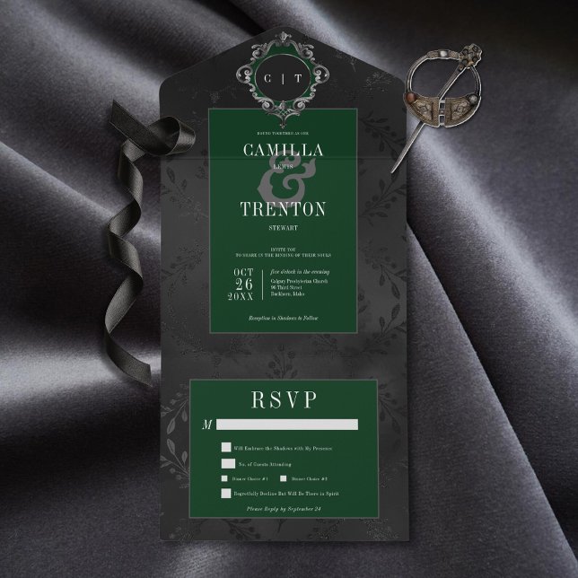 Mörk Gothic Black & Emerald Blommigt Satin Middag (Also available with a QR code or without dinner selection options.)