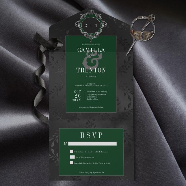 Mörk Gothic Black & Emerald Blommigt Satin No Midd (Also available with a QR code or with dinner selection options.)