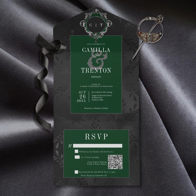 Mörk Gothic Black & Emerald Blommigt Satin QR-kod (Also available without a QR code; with or without dinner selection options.)