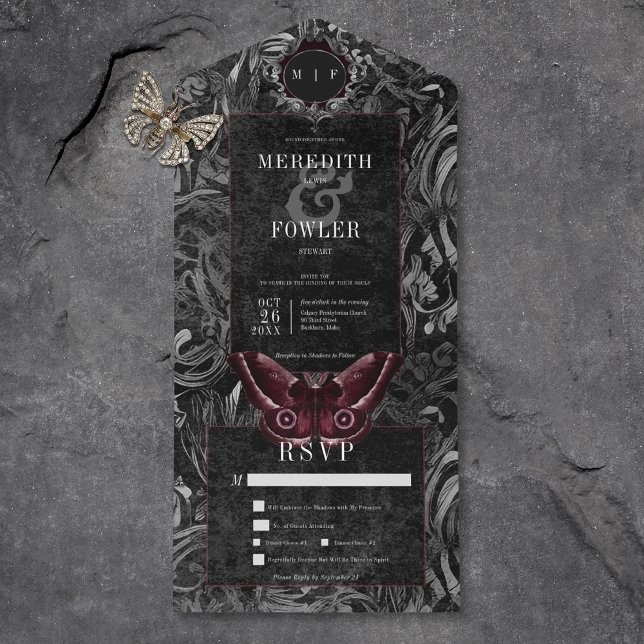 Mörk Gothic Black & Grått Filigree Moth Middag (Also available with a QR code or without dinner selection options.)