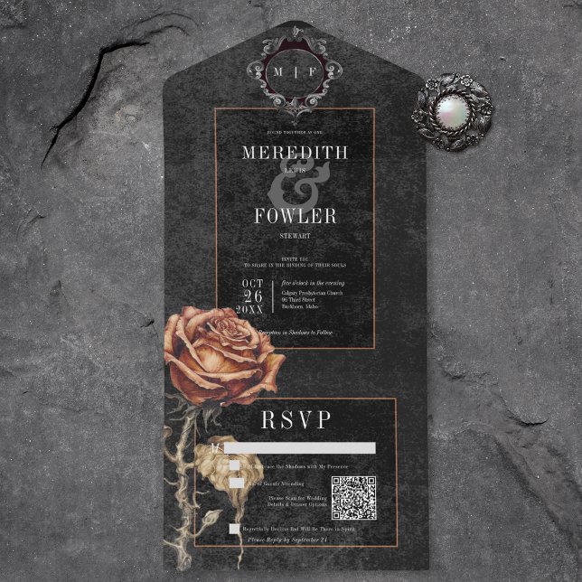 Mörk Gothic Black & Grått Rust Ro QR-kod (Also available without a QR code; with or without dinner selection options.)