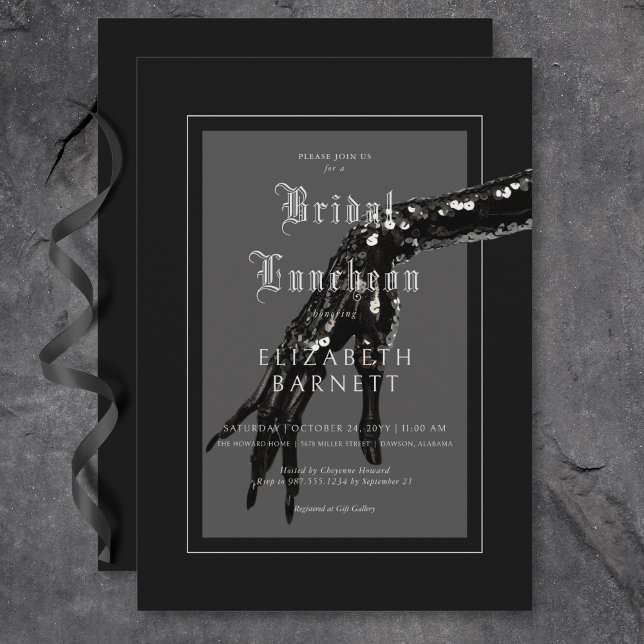 Mörk Gothic Black Sequin Hand Möhippa Luncheon Inbjudningar (Dark Gothic Black Sequin Hand Bridal Luncheon Invitation)