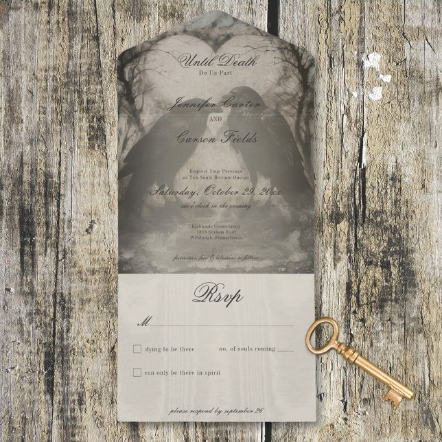 Mörk Gothic Black & Tan Raven Bröllop No Middag (Dark Gothic Black & Tan Raven Wedding No Dinner All In One Invitation)
