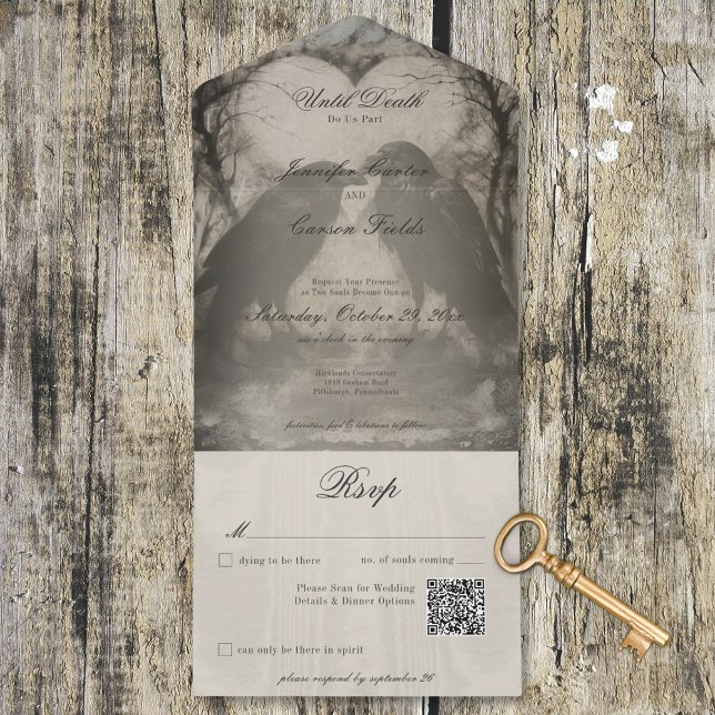 Mörk Gothic Black & Tan Raven Bröllop QR-kod (Dark Gothic Black & Tan Raven Wedding QR Code All In One Invitation)