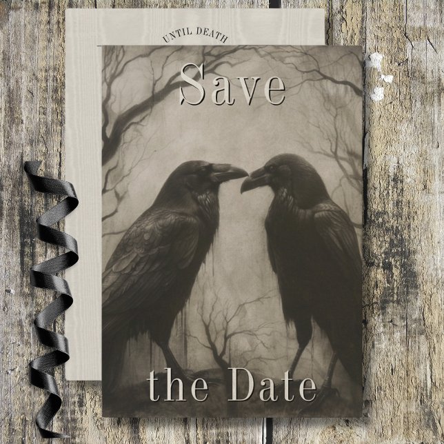 Mörk Gothic Black & Tan Raven Couple Bröllop Spara Datumet (Dark Gothic Black & Tan Raven Couple Wedding Save The Date)