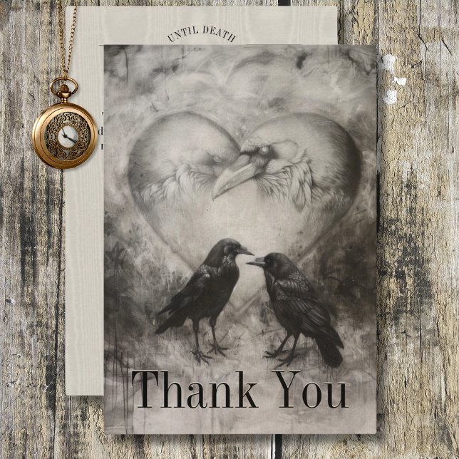 Mörk Gothic Black & Tan Raven Couple Bröllop Tack Kort (Dark Gothic Black & Tan Raven Couple Wedding Thank You Card)