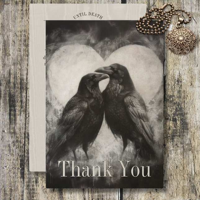 Mörk Gothic Black & Tan Raven Couple Bröllop Tack Kort (Dark Gothic Black & Tan Raven Couple Wedding Thank You Card)