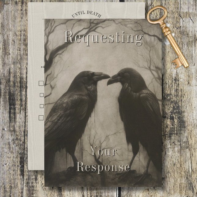 Mörk Gothic Black & Tan Raven Couple Middag OSA Kort (Dark Gothic Black & Tan Raven Couple Dinner RSVP Card)