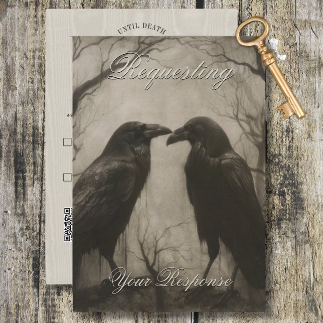 Mörk Gothic Black & Tan Raven Script Bröllop OSA Kort (Dark Gothic Black & Tan Raven Script Wedding RSVP Card)