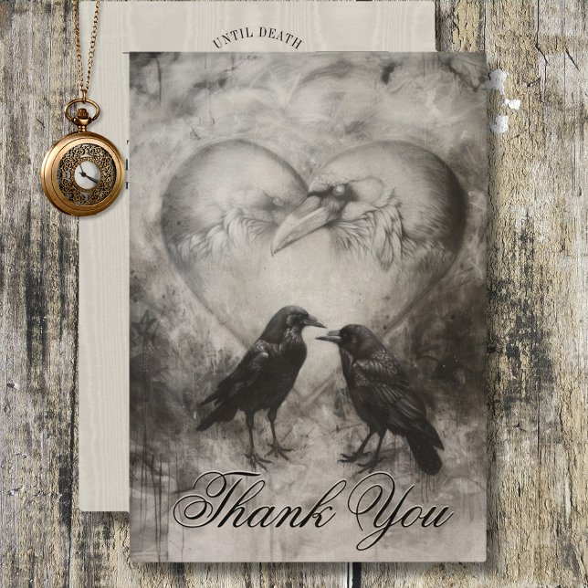 Mörk Gothic Black & Tan Raven Script Bröllop Tack Kort (Dark Gothic Black & Tan Raven Script Wedding Thank You Card)