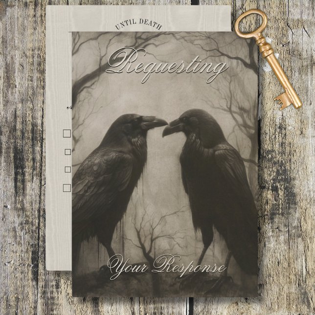 Mörk Gothic Black & Tan Raven Script-middag OSA Kort (Dark Gothic Black & Tan Raven Script Dinner RSVP Card)