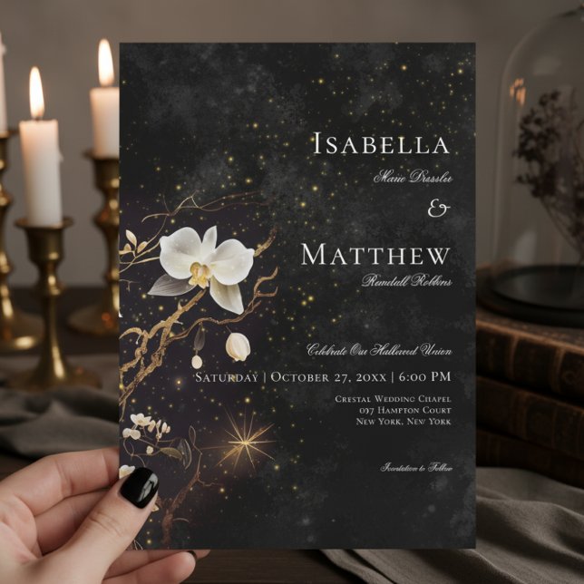 Mörk Gothic Black & White Orchid Spådomar Bröllop Inbjudningar (Dark Gothic Black & White Orchid Spells Wedding Invitation)