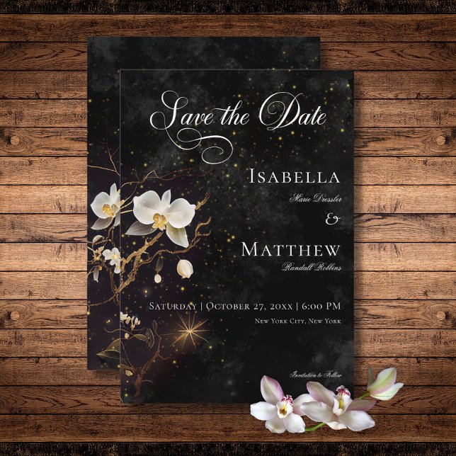Mörk Gothic Black & White Orchid Spådomar Bröllop Spara Datumet (Dark Gothic Black & White Orchid Spells Wedding Save The Date Card)