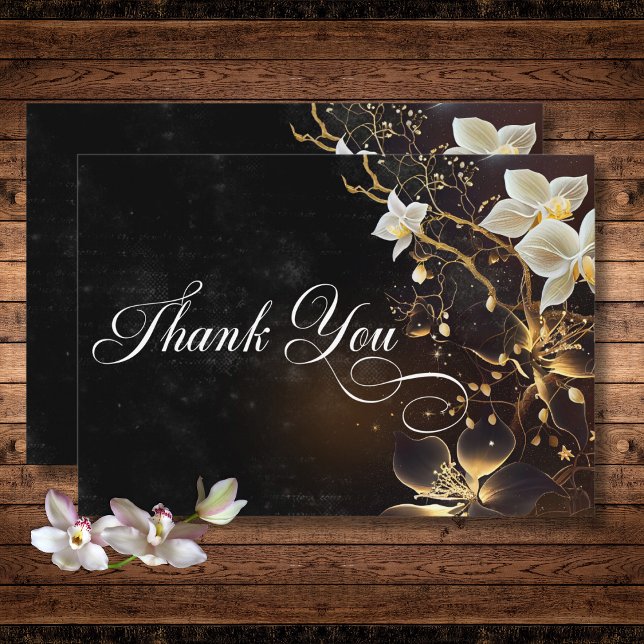Mörk Gothic Black & White Orchid Spådomar Bröllop Tack Kort (Dark Gothic Black & White Orchid Spells Wedding Thank You Card)