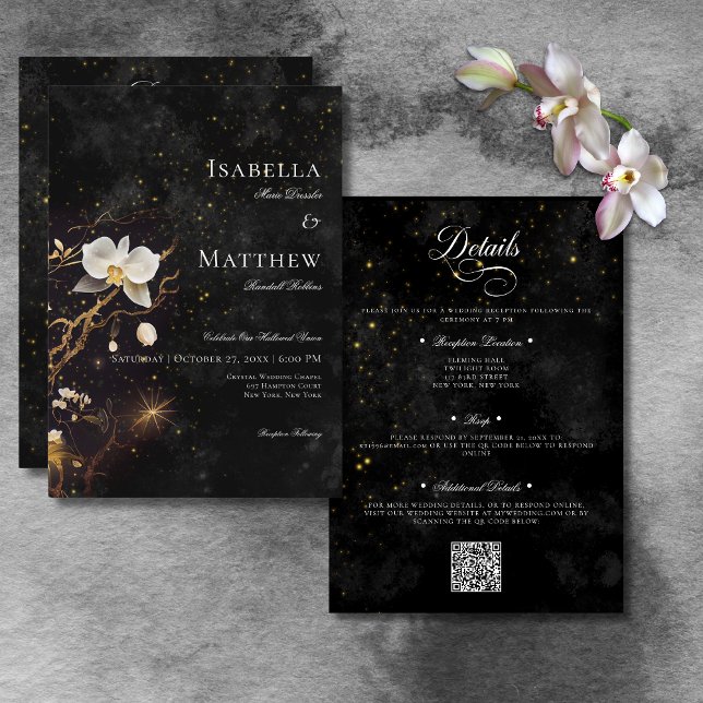 Mörk Gothic Black & White Orchid-Spådomar, två sid Inbjudningar (Dark Gothic Black & White Orchid Spells All In One Invitation)