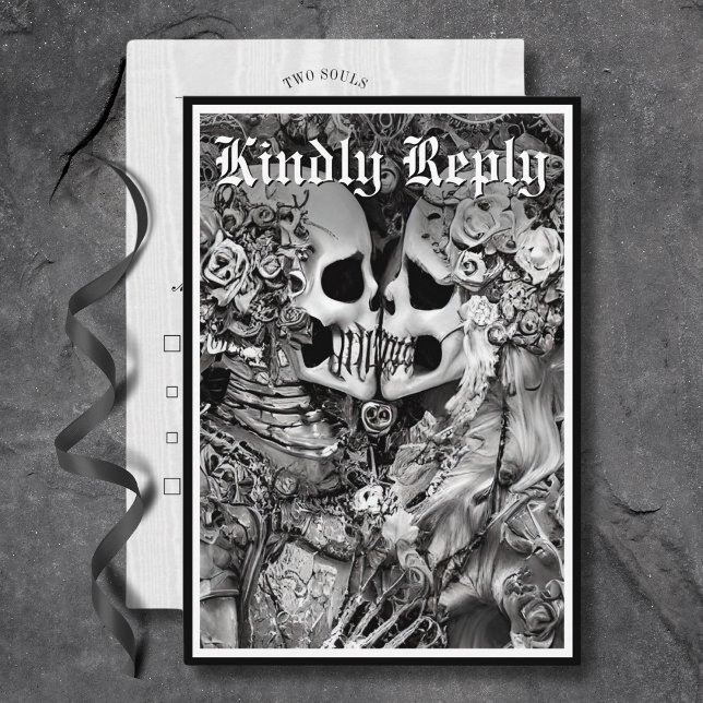 Mörk Gothic Black & White Skeleton - lite middag OSA Kort (Dark Gothic Black & White Skeleton Couple Dinner RSVP Card)