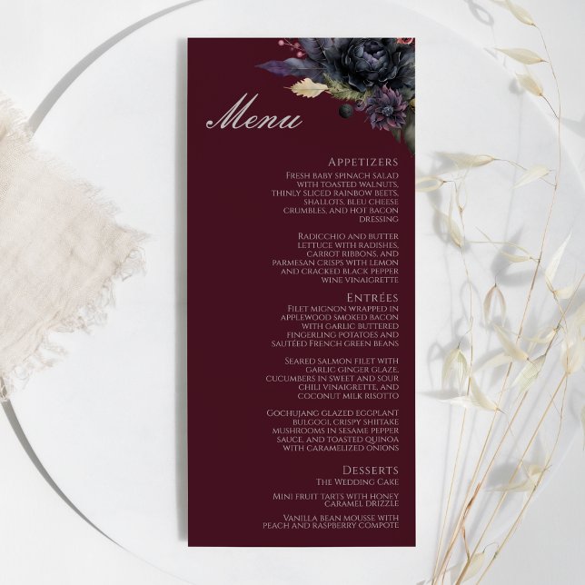 Mörk Gothic Blommigt Burgundy Bröllop Flat Menu Meny (Skapare uppladdad)