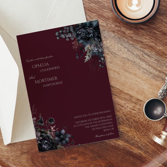 Mörk Gothic Blommigt Burgundy Bröllop Inbjudningar (Skapare uppladdad)
