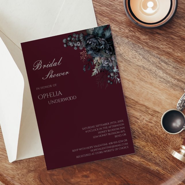 Mörk Gothic Blommigt Burgundy Bröllop Möhippa Inbjudningar (Skapare uppladdad)