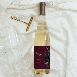 Mörk Gothic Blommigt Burgundy Bröllop Vin-etikett Vinflaska Etikett