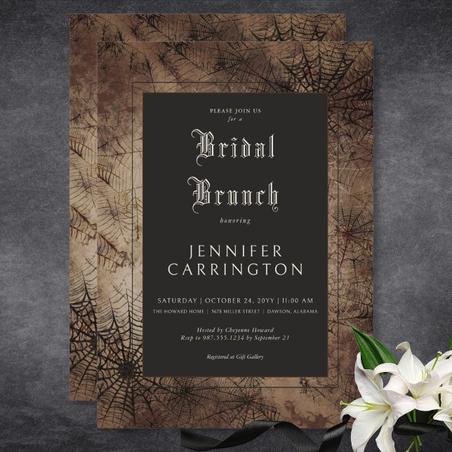 Mörk Gothic Brown & Black Spindelnät Möhippa Brunc Inbjudningar (Dark Gothic Brown & Black Spider Web Bridal Brunch Invitation)