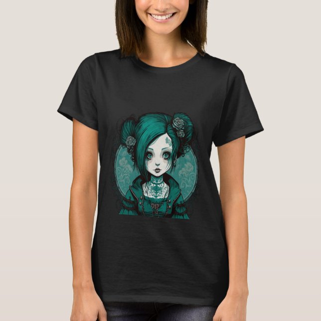 Mörk Gothic Doll Chibi Stil Ro Turquise Tone T Shirt (Framsida)