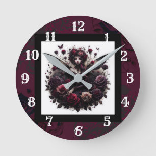 Mörk Gothic Forest Fairy Blommigt Ro Burgundy Rund Klocka